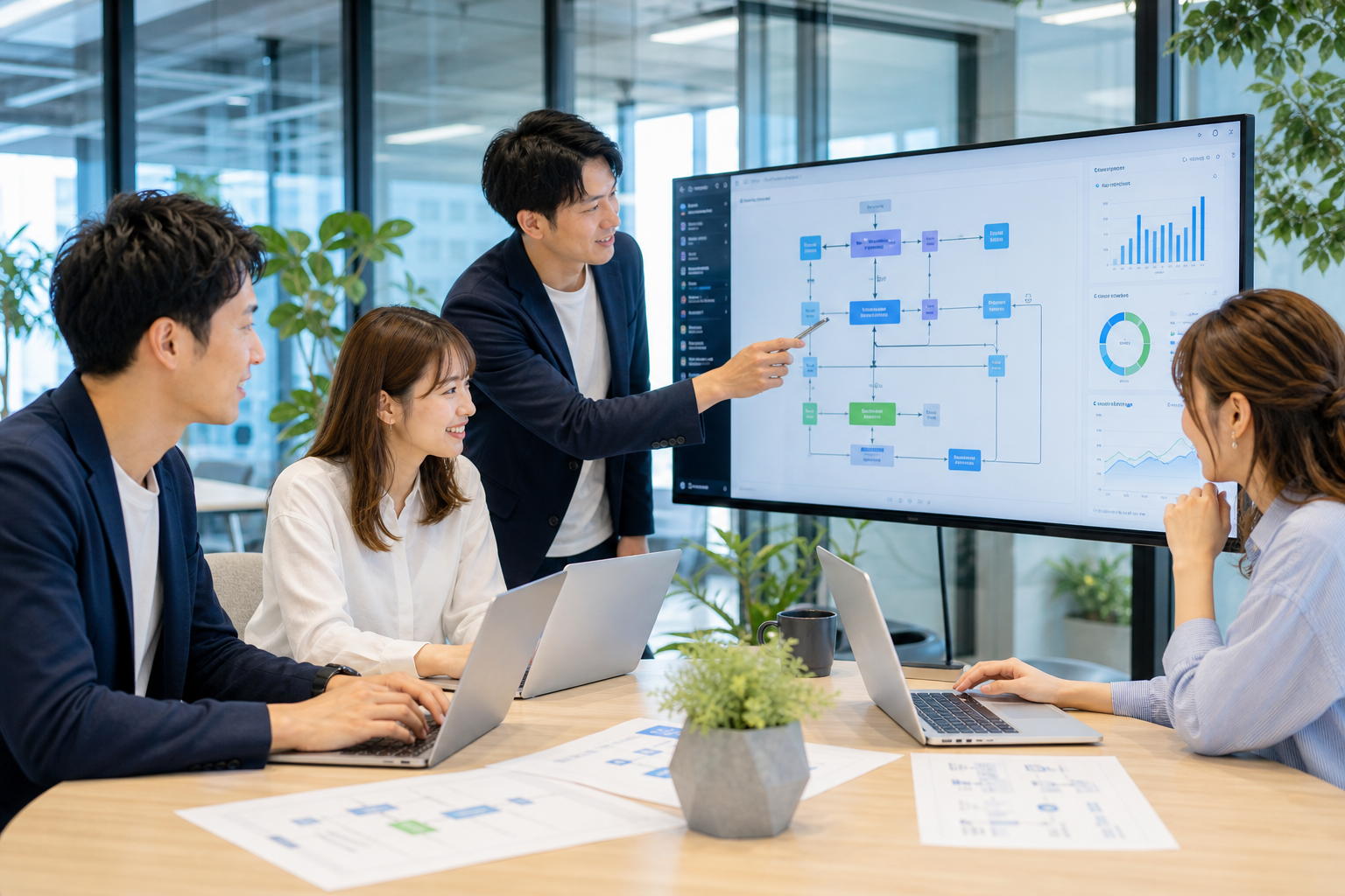 日本のITチームがAI活用と業務フローを検討する風景