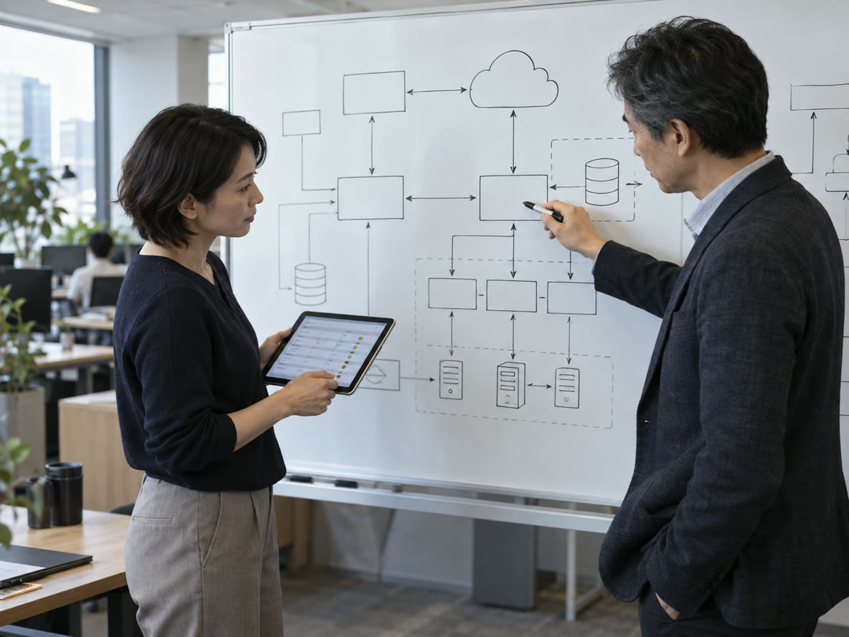 システム構成とテスト内容を確認するエンジニアのイメージ