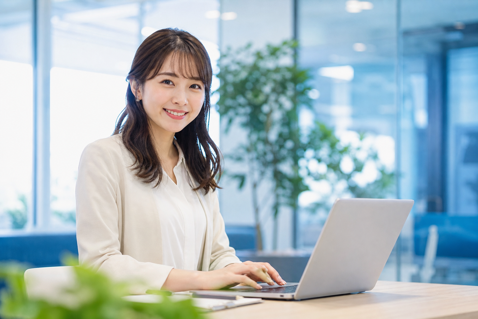 AI時代の働き方をイメージした日本人女性のビジネスパーソン