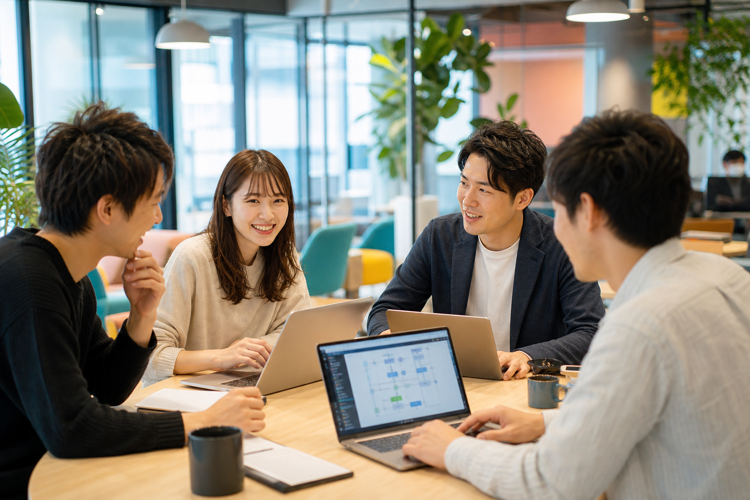 明るく華やかなモダンオフィスで作業する日本人エンジニアチーム