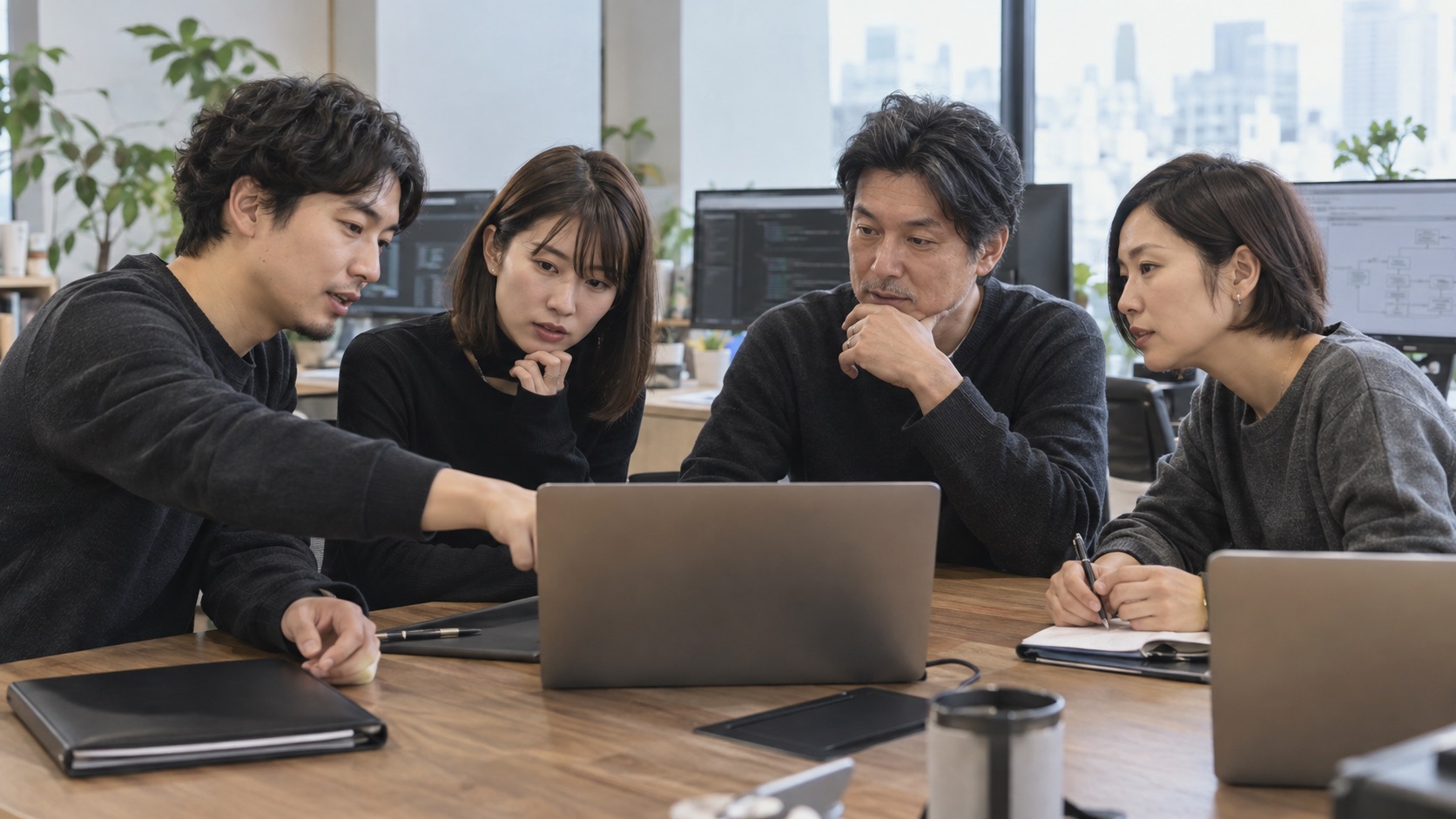 開発チームがシステムの構想を話し合うイメージ